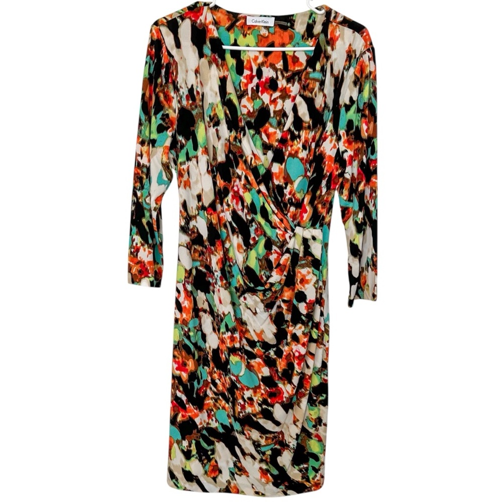 Calvin Klein Long Sleeve V Neck Wrap Dress Large Brown Orange Blue Green 🤎🧡🩵💚